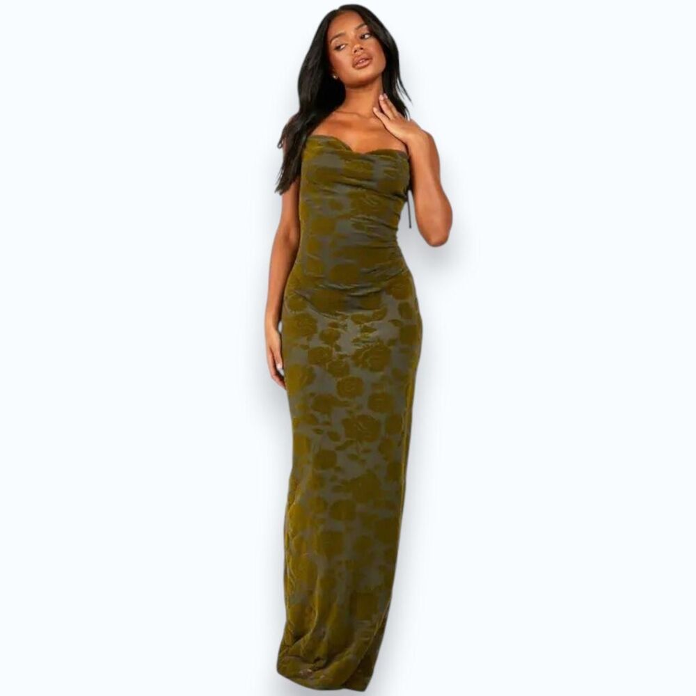 NWT boohoo Sexy Dark Green Velvet Floral Devore Cowl Maxi Slip Dress US 8 / M